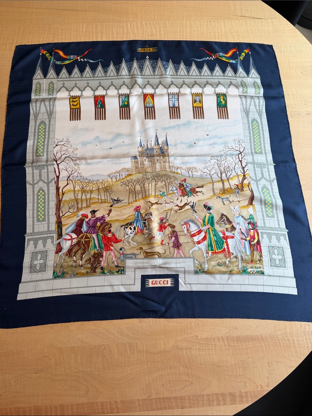 GUCCI Silk Scarf Vintage Medieval Hunt Scene